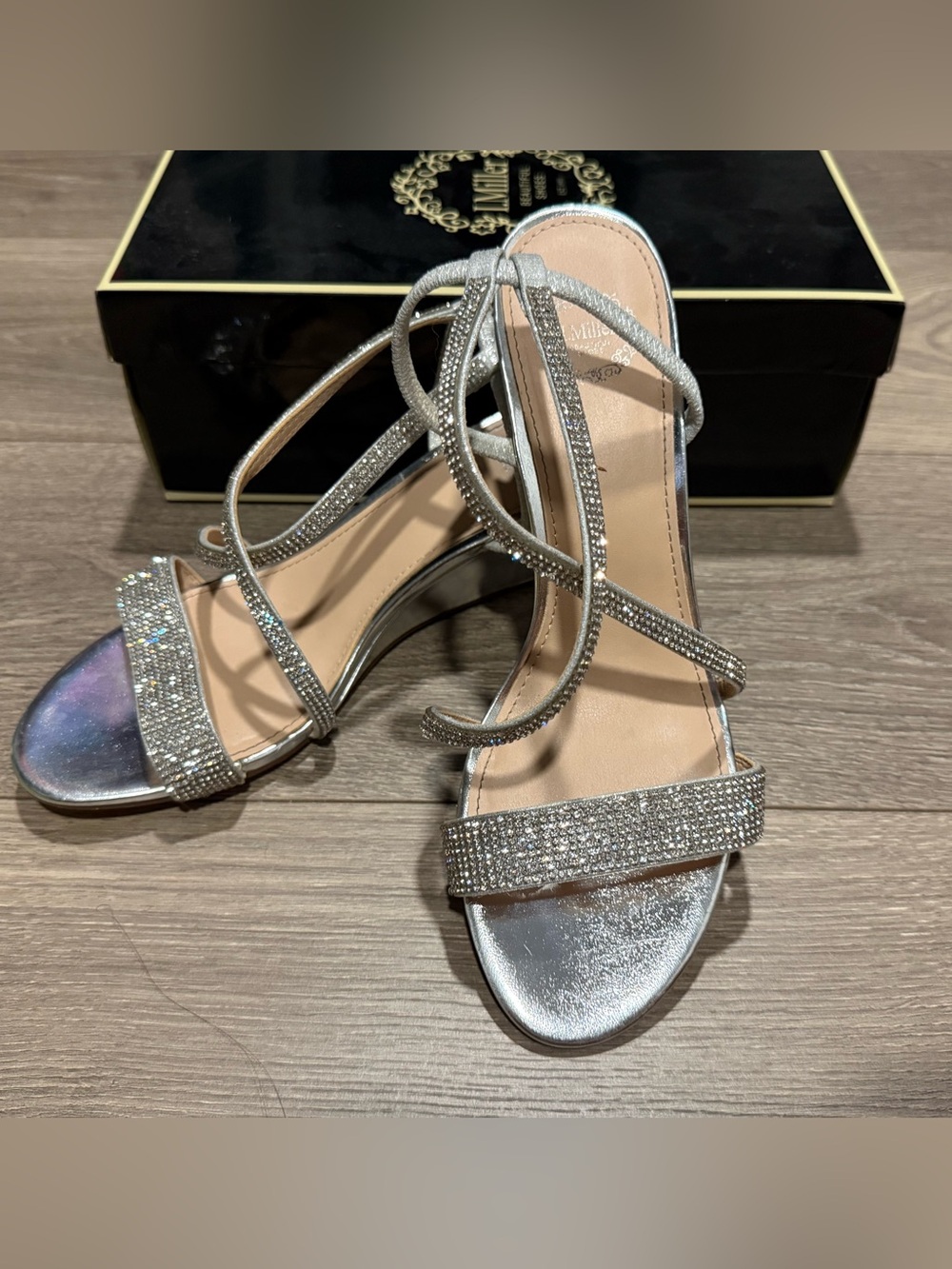 Silver Rhinestone Wedge Sandals with Strappy Ankle Wrap